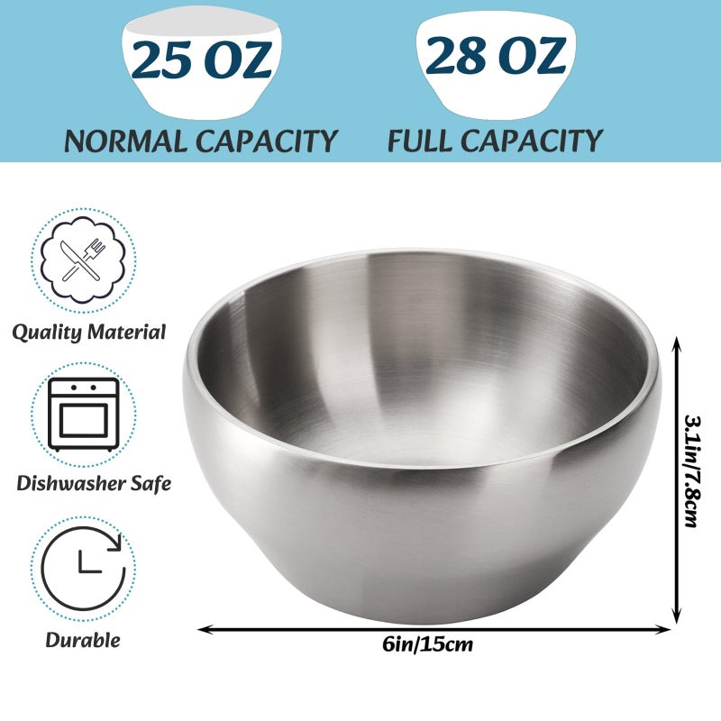 Youeon 3 Pack 28 Oz SUS304 Brushed Stainless Steel Bowls, Double Wall Insulated Bowls, Stainless Steel Soup Bowl for Cereal, Ice Cream, Noodle, 6 Inch Bowl Set for Serving, Dishwasher Safe - Image 2
