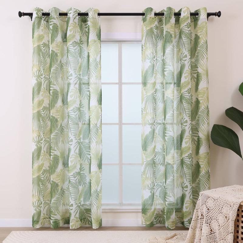 L.Z.E Green Leaf Linen Sheer Curtains 84 Inch Length 2 Panels Set, Tropical Patterned Semi Sheer Light Filtering Curtains for Living Room Dining Room, Grommet Modern Plant Window Drapes - Image 1