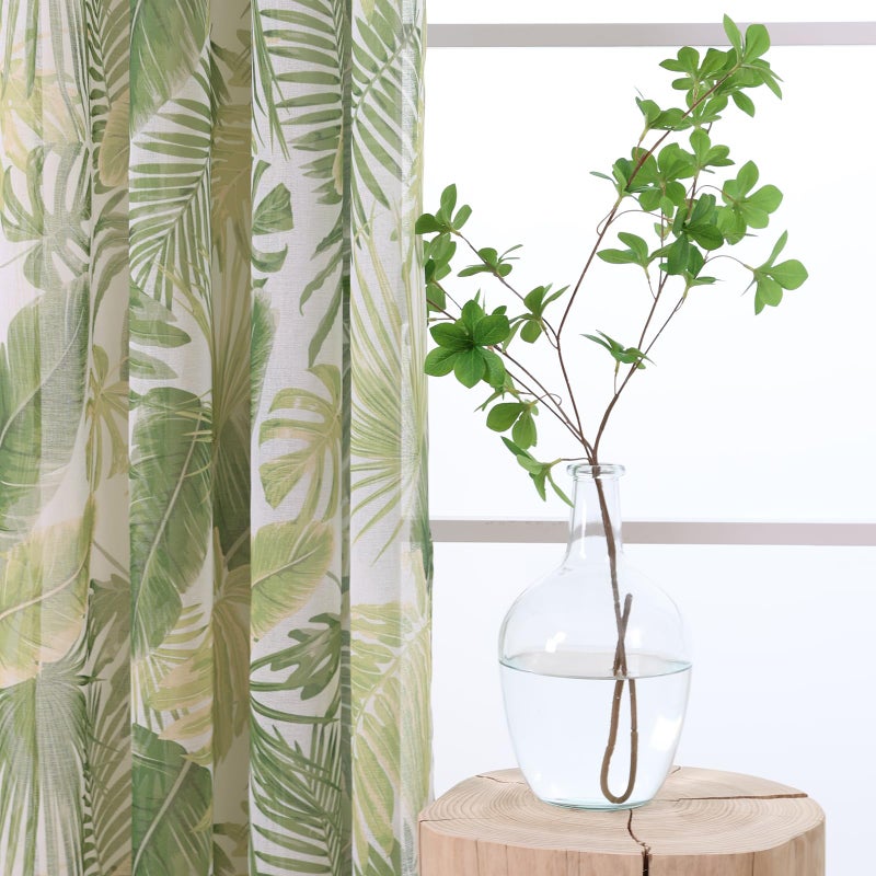 L.Z.E Green Leaf Linen Sheer Curtains 84 Inch Length 2 Panels Set, Tropical Patterned Semi Sheer Light Filtering Curtains for Living Room Dining Room, Grommet Modern Plant Window Drapes - Image 3