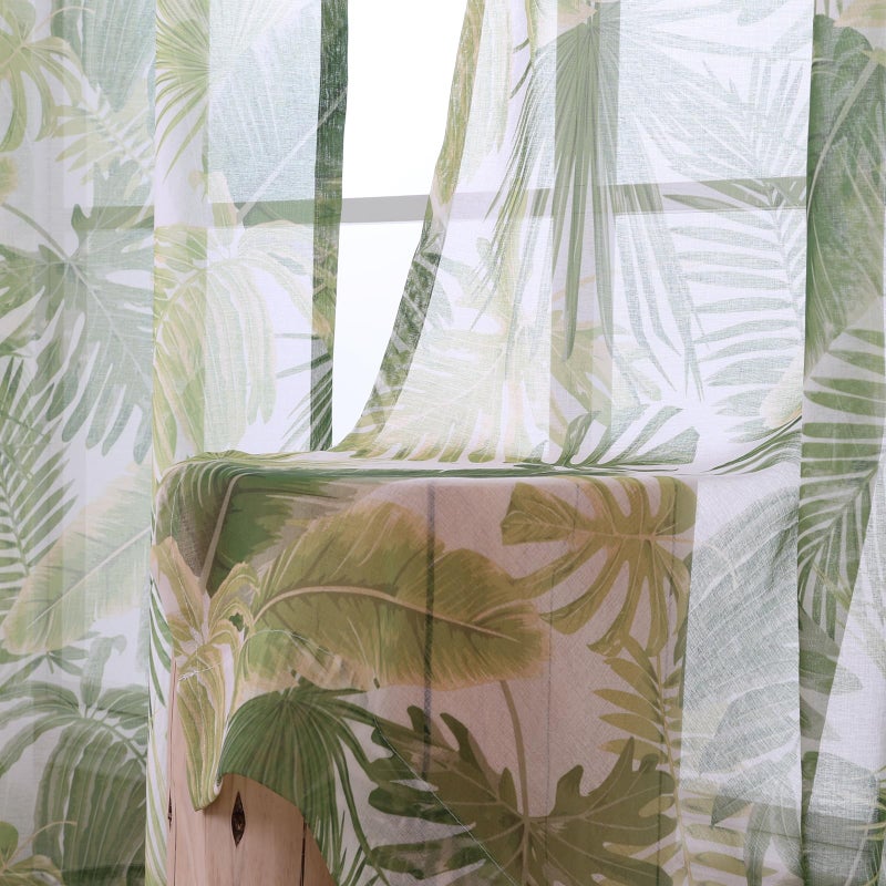 L.Z.E Green Leaf Linen Sheer Curtains 84 Inch Length 2 Panels Set, Tropical Patterned Semi Sheer Light Filtering Curtains for Living Room Dining Room, Grommet Modern Plant Window Drapes - Image 4