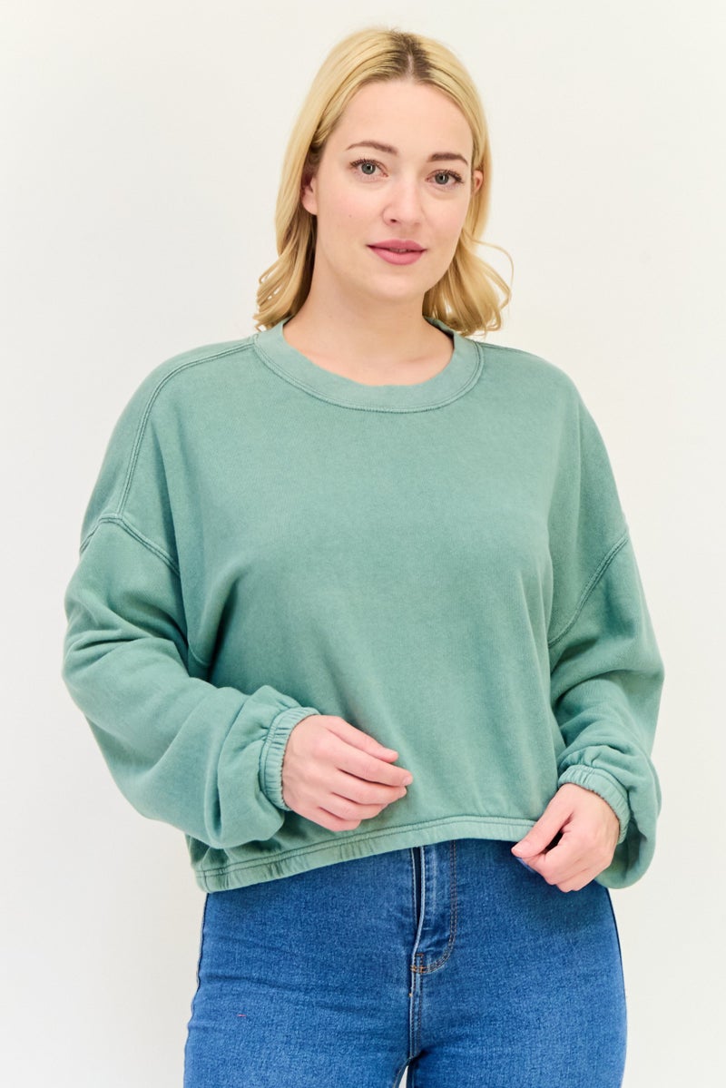 Aerie سويت شيرت نسائي بأكمام طويلة بياقة دائرية، أخضر باهت - Image 1