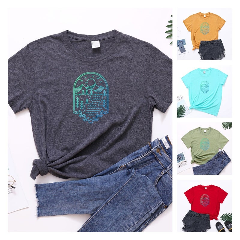 2023 Summer Cross-border Women's Independent Station New Women's T-shirt Short-sleeved Base Shirt Sunset Printed Top wish - Image 2