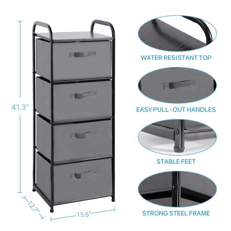 MAX Houser 4 Drawer Fabric Dresser Tall Storage Tower, Dresser Chest with Wood Top, Vertical Nightstand Side Organizer Unit with Metal Frame for Closets Bedroom Nursery Room Hallway(Leaden) - Image 2