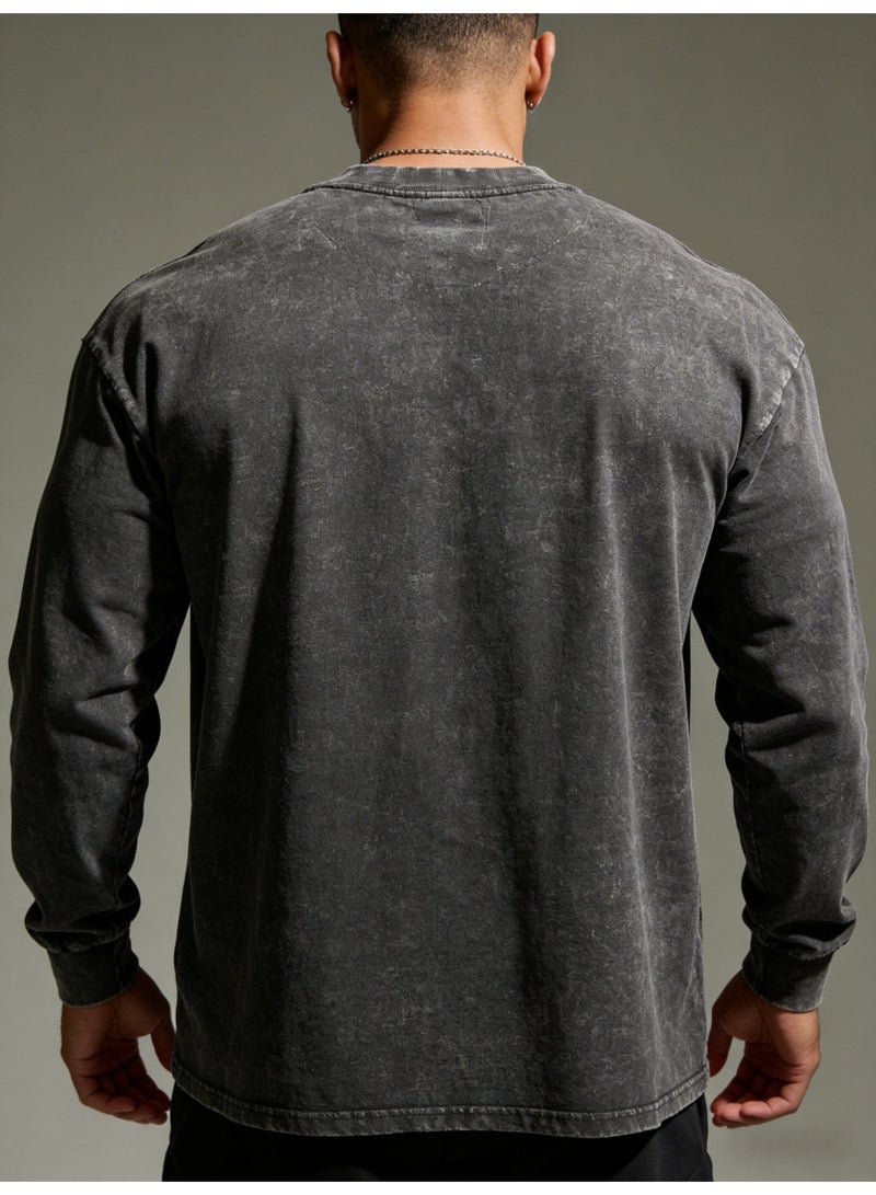 Gymshark Washed Black Long-Sleeve Shirt - Vintage Distressed Design, Soft Breathable Fabric, Bold Brand Logo, Unisex Fit for Gym & Daily Casual Styling - Image 4