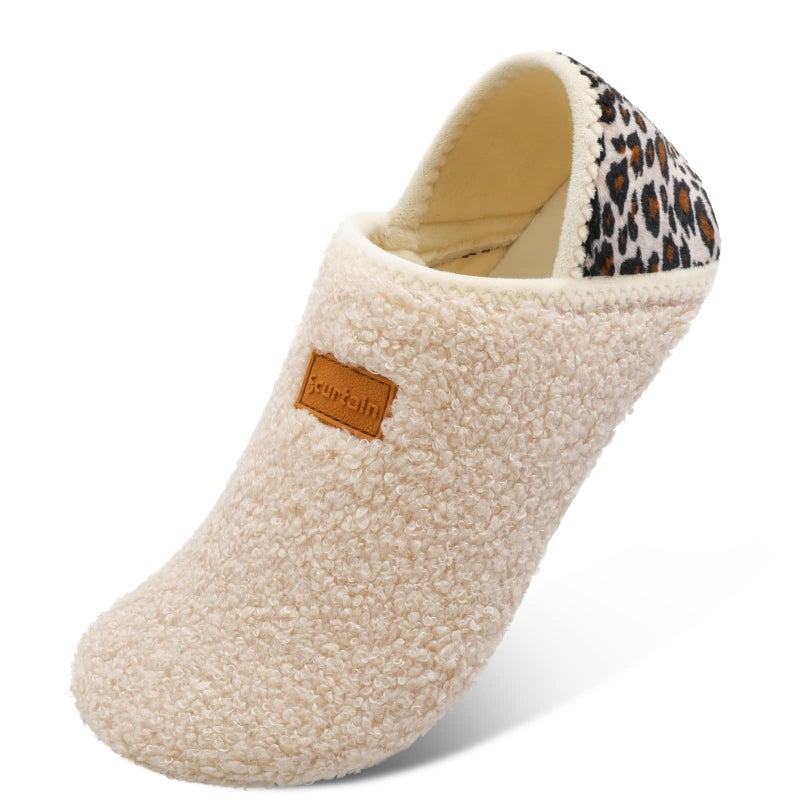 Scurtain Unisex Mens Womens Slippers Socks Artificial Woolen Slippers for Men Women with Non-Slip Rubber Sole Barefoot Slippers Women Mocassins Slippers for Women Bedroom Shoes Beige/Leopard 7.5-8 - Image 1