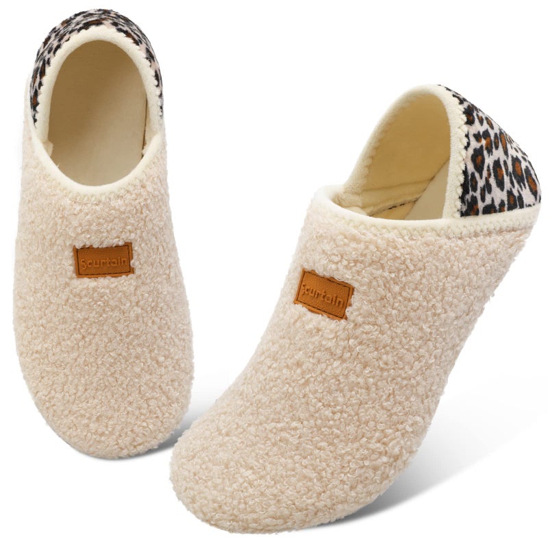 Scurtain Unisex Mens Womens Slippers Socks Artificial Woolen Slippers for Men Women with Non-Slip Rubber Sole Barefoot Slippers Women Mocassins Slippers for Women Bedroom Shoes Beige/Leopard 7.5-8 - Image 3