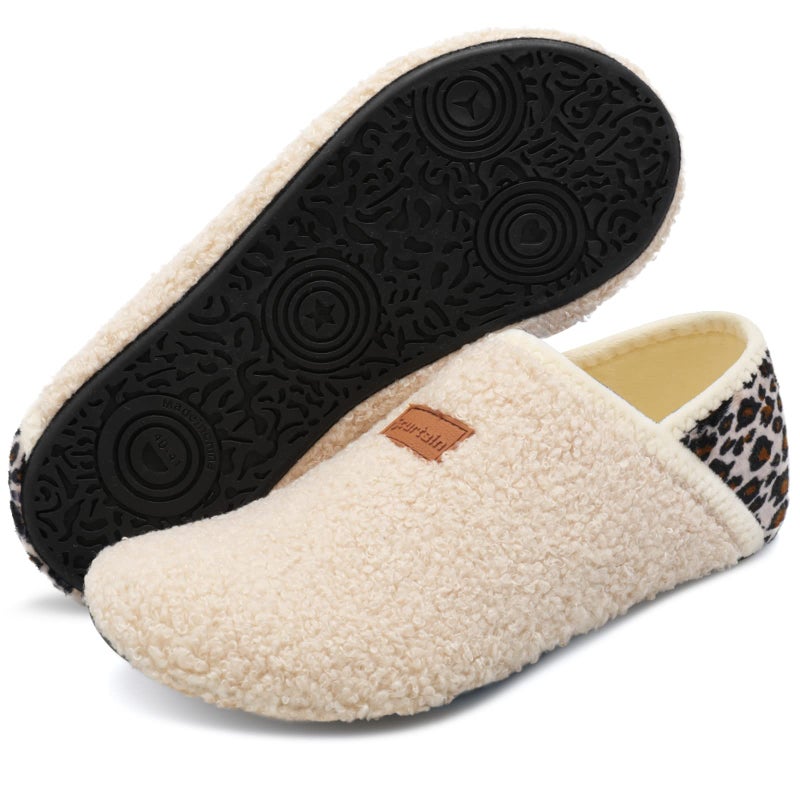 Scurtain Unisex Mens Womens Slippers Socks Artificial Woolen Slippers for Men Women with Non-Slip Rubber Sole Barefoot Slippers Women Mocassins Slippers for Women Bedroom Shoes Beige/Leopard 7.5-8 - Image 2