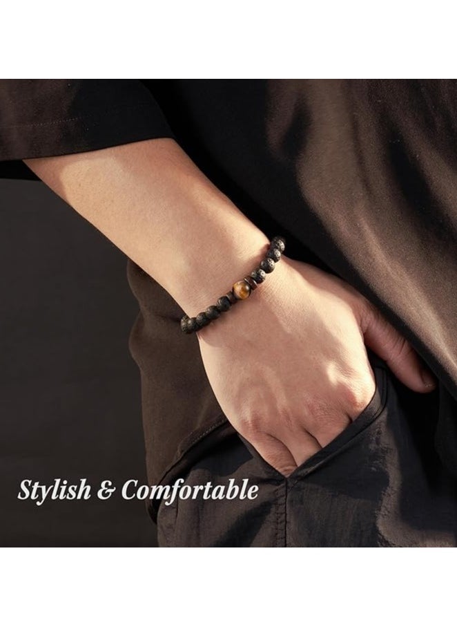 MIRFA Double Protection Handmade Natural Stone Bead Bracelet (8mm Lava Rock And Tiger Eye Stones)  - Image 3