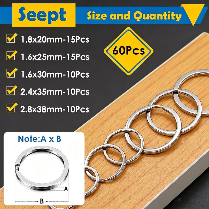 Seept 60 Pcs Metal Key Chain Rings 20 mm, 25 mm, 30 mm, 35 mm, 38 mm Key Rings Flat Split Rings Key Rings for Car Keys,Home Keys,Keys Pendants Keychain Accessories - Image 2