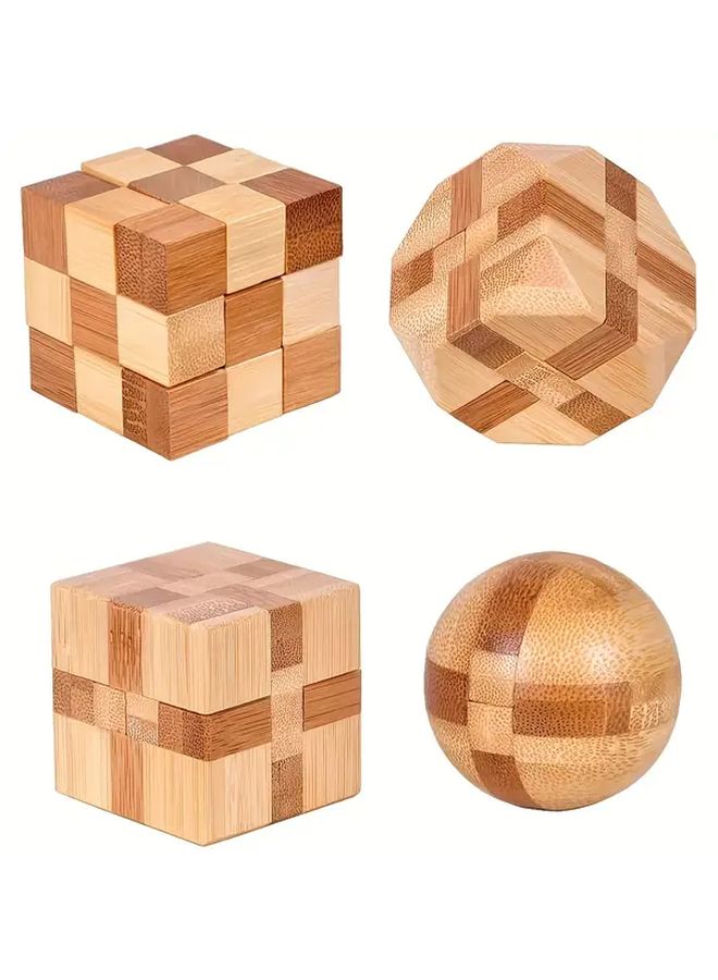 4pcs Set Bamboo Brain Teaser Puzzles 3D Wooden Logic Games For Teens And Adults - Image 1
