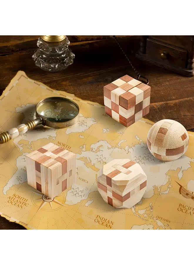 4pcs Set Bamboo Brain Teaser Puzzles 3D Wooden Logic Games For Teens And Adults - Image 5