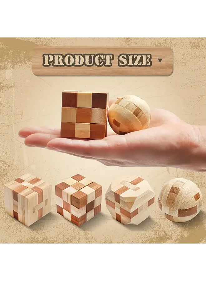 4pcs Set Bamboo Brain Teaser Puzzles 3D Wooden Logic Games For Teens And Adults - Image 4
