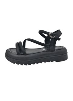 Thick Bottom Womens Sandals 2024 Summer New Style Korean Version One-Row Strap Sponge Heel Roman Sandals Wholesale Black