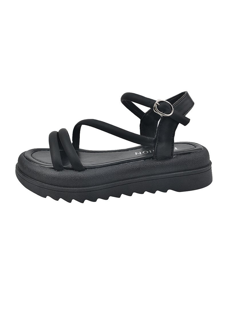 Generic - Thick Bottom Womens Sandals 2024 Summer New Style Korean Version One-Row Strap Sponge Heel Roman Sandals Wholesale Black - Image 1