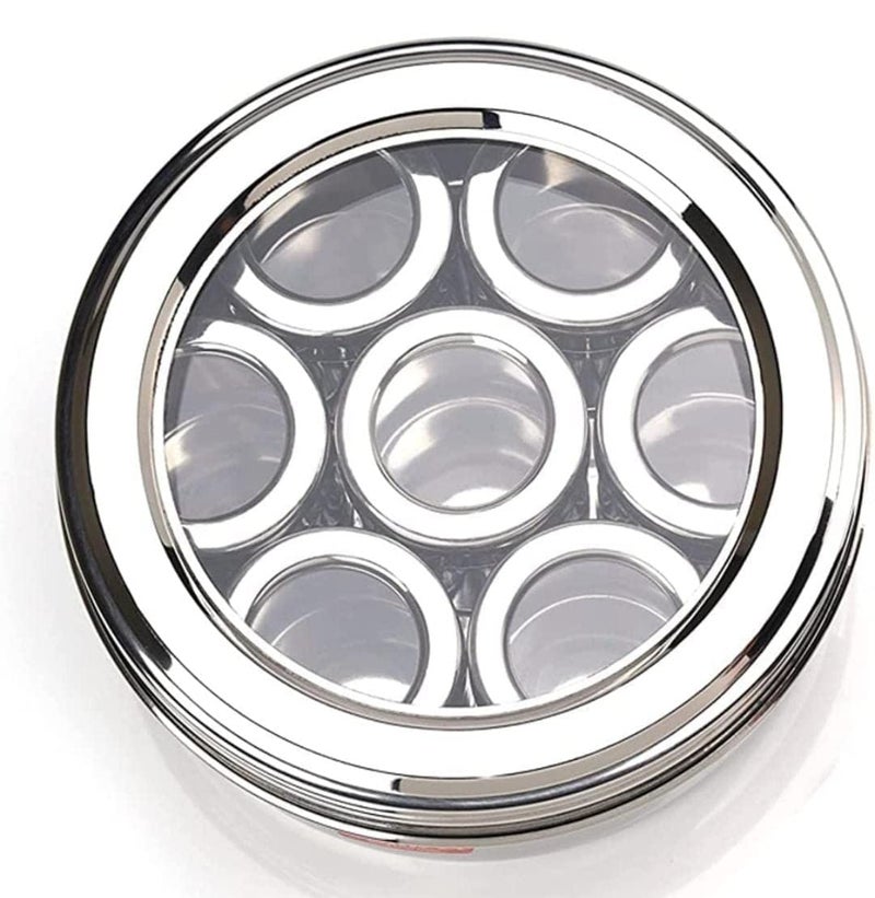 STEEPLE 7 IN 1 Spice Box Stainless Steel with See Through Lid | Masala Dabba Steel Masala Box For Kitchen Steel | Masala Dani For Kitchen See Through Lid (Size 12) Silver - Image 1