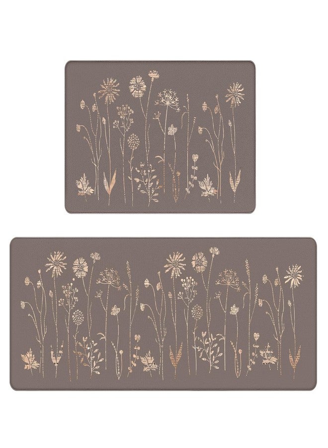 Rempry Floral Kitchen Mats for Floor, Non Slip Kitchen Rugs and Mat Set of 2, Waterproof Cushioned Anti Fatigue Kitchen Mat, 17"x47"+17"x29", Brown - Image 1