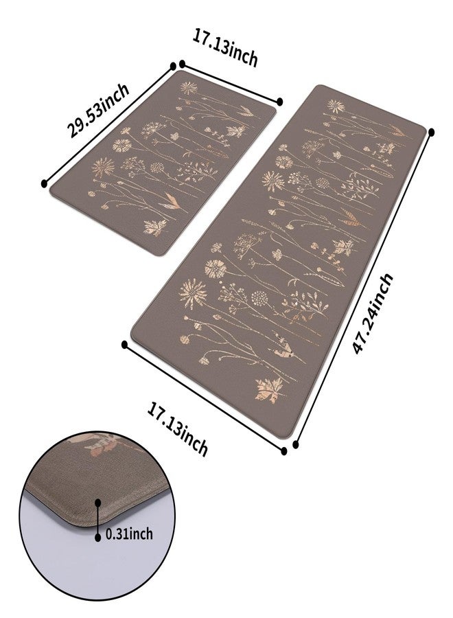 Rempry Floral Kitchen Mats for Floor, Non Slip Kitchen Rugs and Mat Set of 2, Waterproof Cushioned Anti Fatigue Kitchen Mat, 17"x47"+17"x29", Brown - Image 2