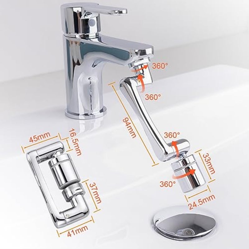 M91006 Faucet Aerator Extender, 1440° Multifunctional Rotating Splashproof Aerator, Swivel Robotic Arm Adapter for Bathroom Kitchen, Silver - Image 2