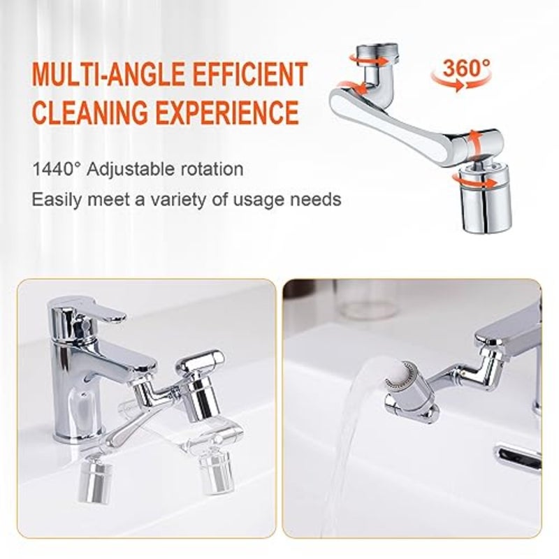 M91006 Faucet Aerator Extender, 1440° Multifunctional Rotating Splashproof Aerator, Swivel Robotic Arm Adapter for Bathroom Kitchen, Silver - Image 3