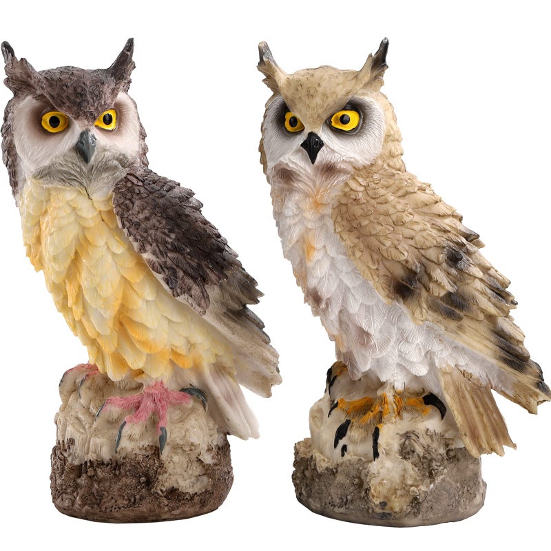 DEAYOU 2 Pack Fake Horned Owl Statues, 7" Tall Small Resin Owl Sculpture, Artificial Owl Figurines for Garden, Vivid Faux Outdoor Owls for Ornament, Yard, Indoor Decor, Home (White, Black) - Image 1