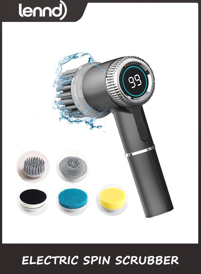 LENND Rechargeable Electric Spin Scrubber,Cordless Cleaning Brush with Long Handle,3 Replaceable Brush Heads Shower Scrubber for Bathroom Tub,Floor,Tile,Kitchen and Shoes(Gray) - Image 1