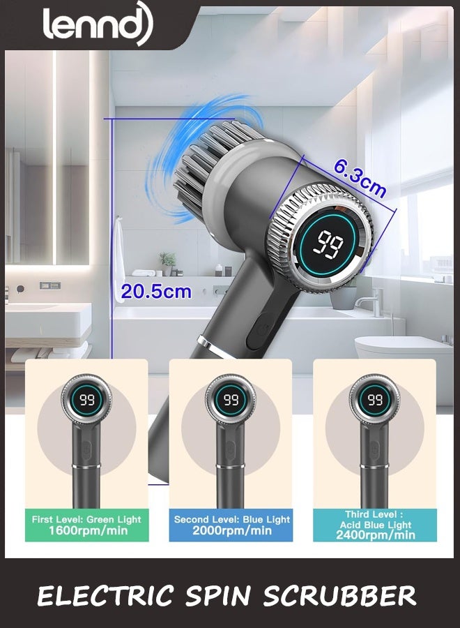 LENND Rechargeable Electric Spin Scrubber,Cordless Cleaning Brush with Long Handle,3 Replaceable Brush Heads Shower Scrubber for Bathroom Tub,Floor,Tile,Kitchen and Shoes(Gray) - Image 2