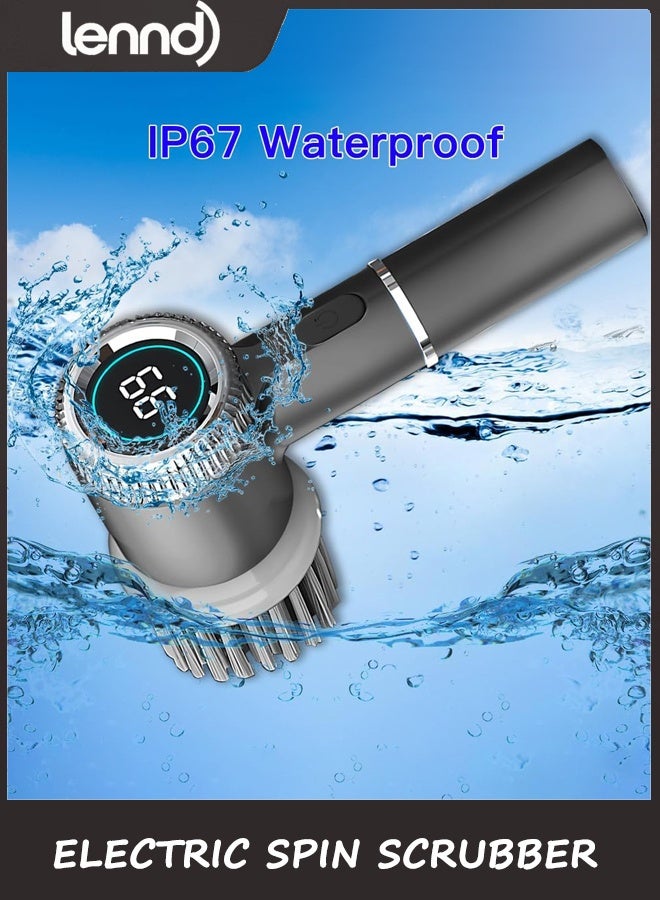 LENND Rechargeable Electric Spin Scrubber,Cordless Cleaning Brush with Long Handle,3 Replaceable Brush Heads Shower Scrubber for Bathroom Tub,Floor,Tile,Kitchen and Shoes(Gray) - Image 3