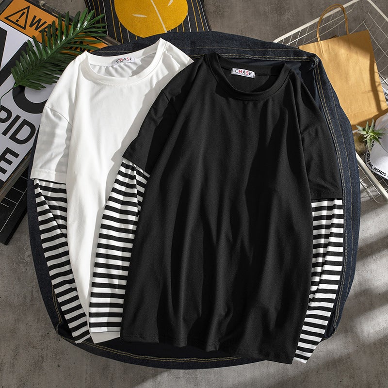 American-Style Long-Sleeved T Fake Two-Piece Color Matching Striped Long-Sleeved T-Shirt Loose Men And Women Student Couple Casual Bottoming Shirt - Image 5