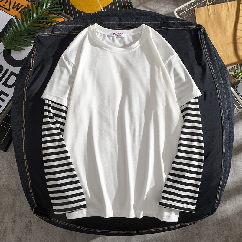 American-Style Long-Sleeved T Fake Two-Piece Color Matching Striped Long-Sleeved T-Shirt Loose Men And Women Student Couple Casual Bottoming Shirt - Image 4