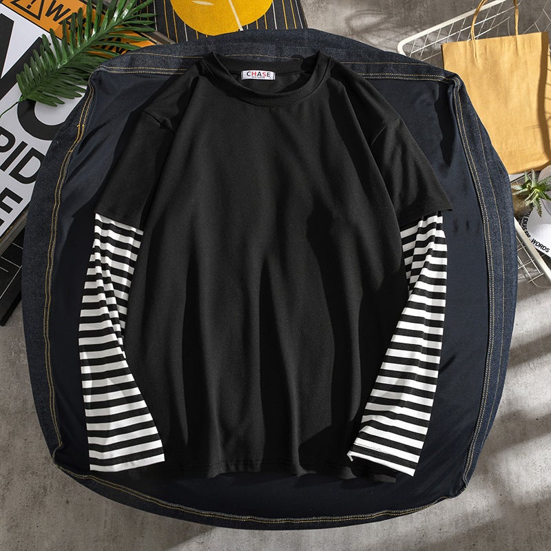 American-Style Long-Sleeved T Fake Two-Piece Color Matching Striped Long-Sleeved T-Shirt Loose Men And Women Student Couple Casual Bottoming Shirt - Image 3
