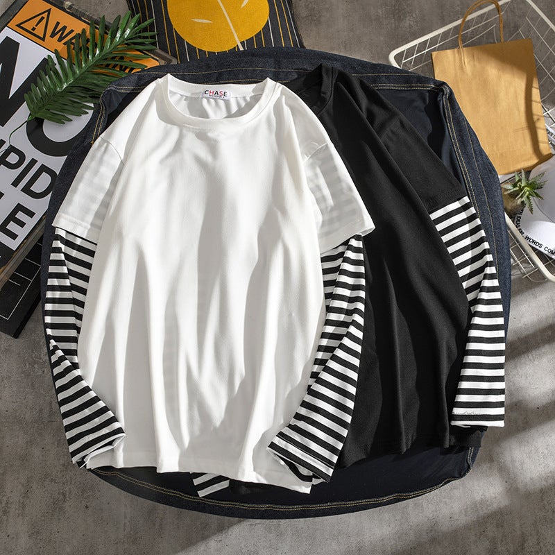 American-Style Long-Sleeved T Fake Two-Piece Color Matching Striped Long-Sleeved T-Shirt Loose Men And Women Student Couple Casual Bottoming Shirt - Image 2