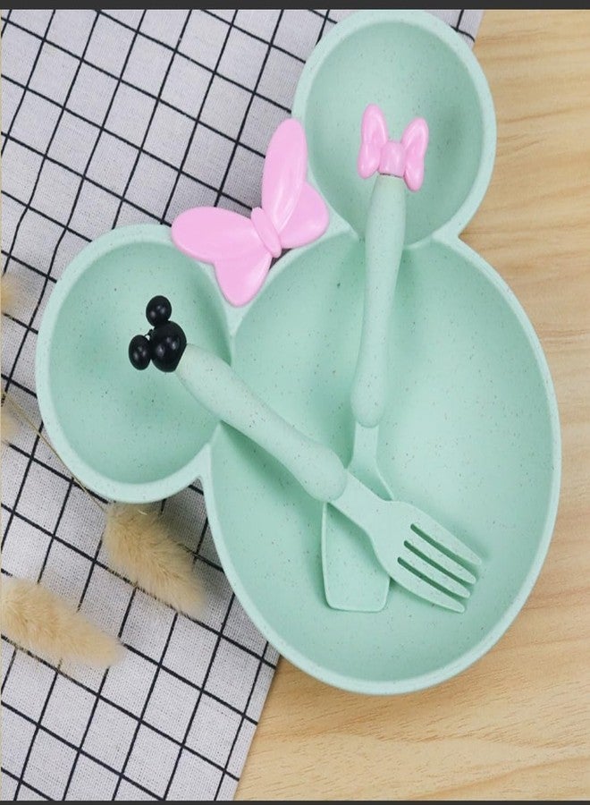 Gugzy Cute Cartoon Theme Eco-Friendly Wheat Straw Natural Bamboo Fibre Dinner Set for Kids, Toddlers & Babies 1 Plate, 1 Spoon and 1 Fork | Mickie Plate Set (Green) - Image 3