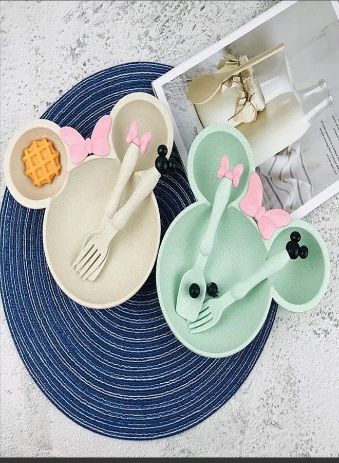 Gugzy Cute Cartoon Theme Eco-Friendly Wheat Straw Natural Bamboo Fibre Dinner Set for Kids, Toddlers & Babies 1 Plate, 1 Spoon and 1 Fork | Mickie Plate Set (Green) - Image 4
