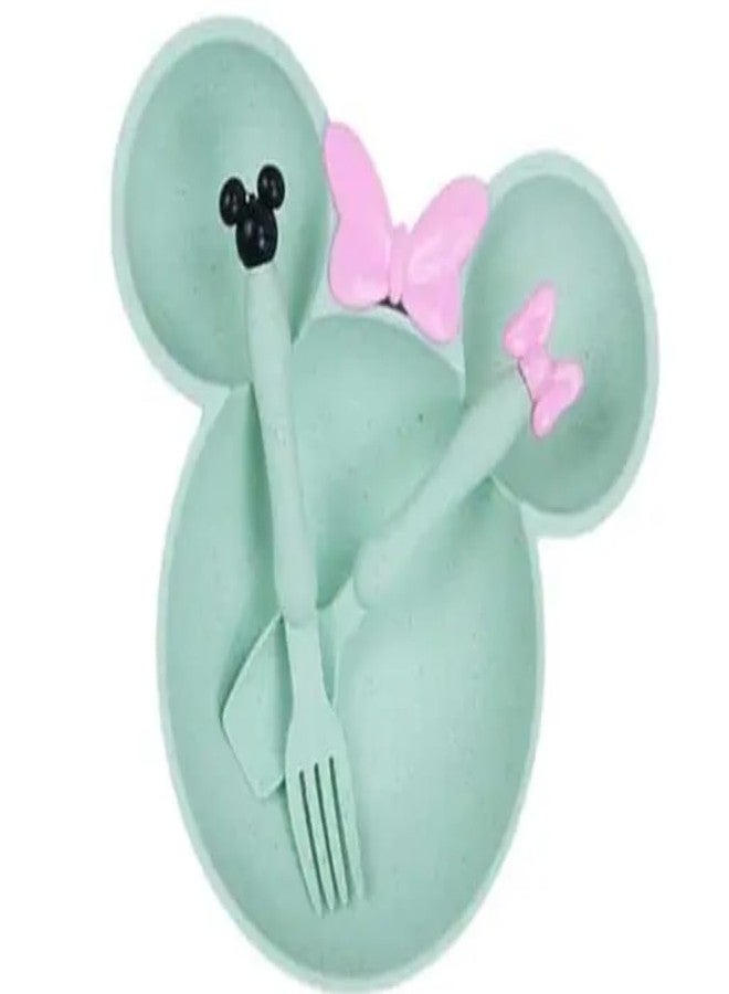 Gugzy Cute Cartoon Theme Eco-Friendly Wheat Straw Natural Bamboo Fibre Dinner Set for Kids, Toddlers & Babies 1 Plate, 1 Spoon and 1 Fork | Mickie Plate Set (Green) - Image 1