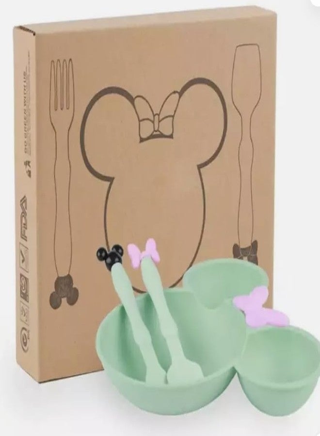 Gugzy Cute Cartoon Theme Eco-Friendly Wheat Straw Natural Bamboo Fibre Dinner Set for Kids, Toddlers & Babies 1 Plate, 1 Spoon and 1 Fork | Mickie Plate Set (Green) - Image 2