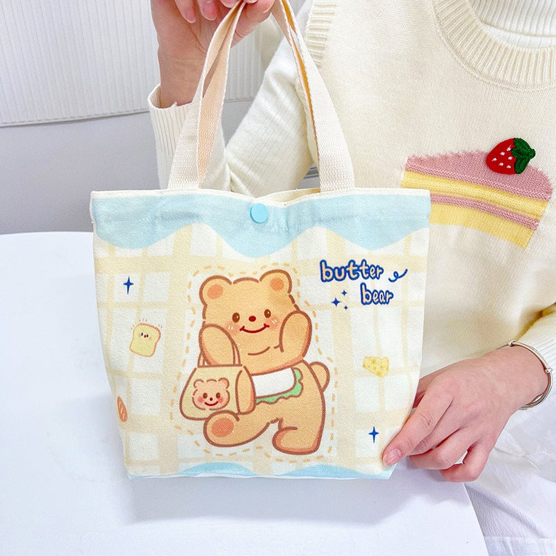 2025 New Style Bag Instagram Style Thai Butter Bear Canvas Bag Cute Canvas Bag Portable Daily Storage for Women Blue Buckle-Satchel Hands Bear