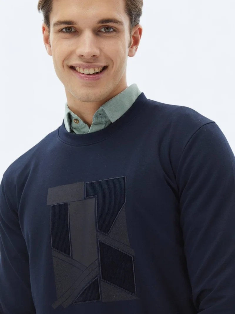 Kip Navy Blue Crew Neck Printed Sweatshirt