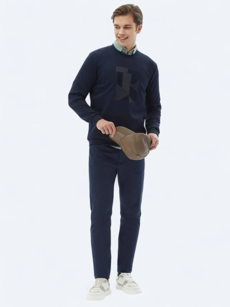 Kip Navy Blue Crew Neck Printed Sweatshirt