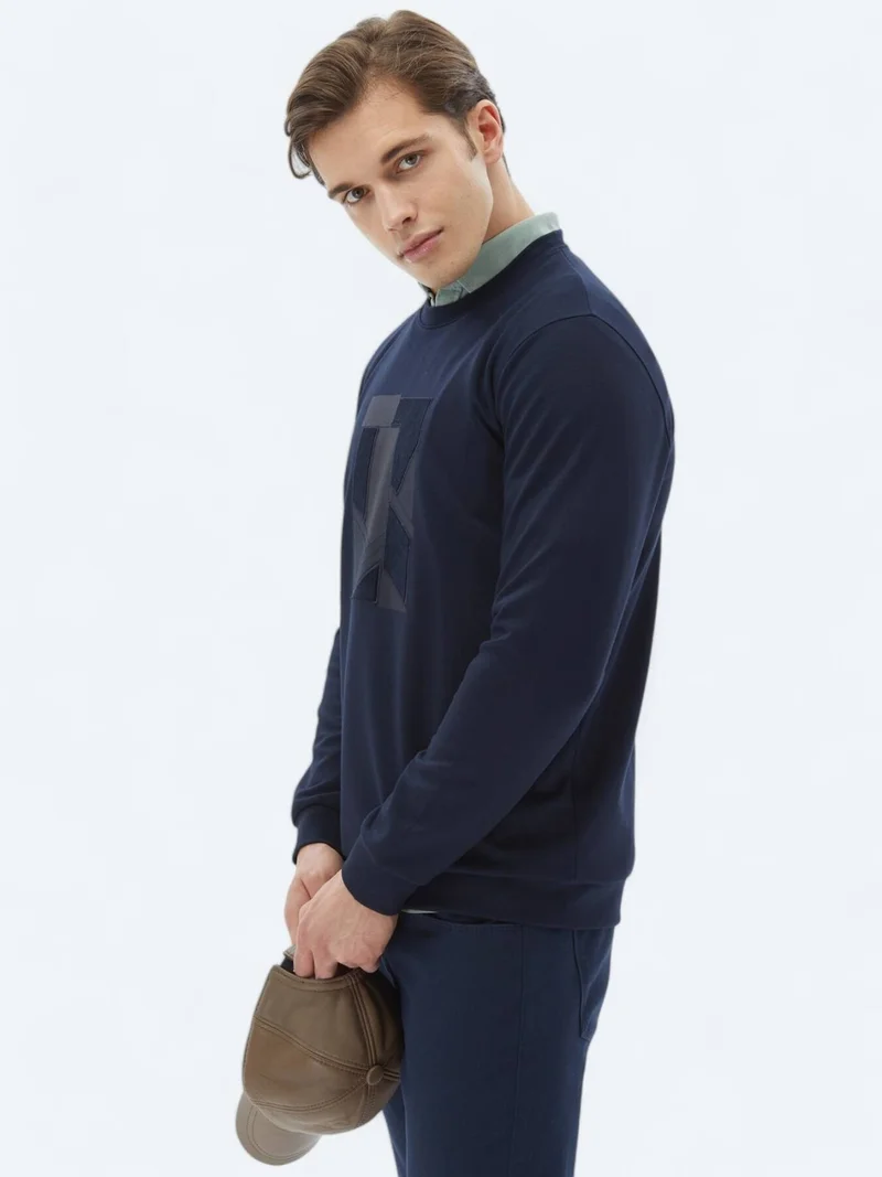 Kip Navy Blue Crew Neck Printed Sweatshirt
