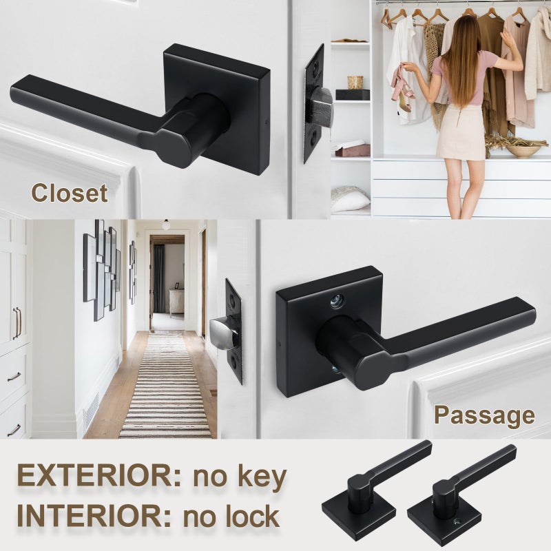 Hisafe Heavy Duty Passage Door Lever  Matte Black Square Door Handle Interior No Locking Door Lock For Hallway And Closet  Reversible Right And Left  5 Pack - Image 3