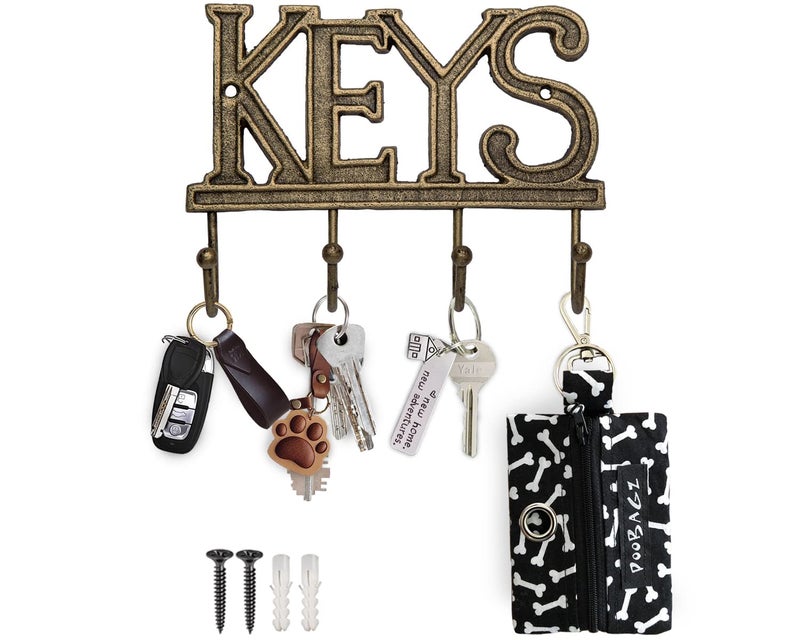 Comfify Key Holder for Wall Decorative Farmhouse Rustic Wall Mount Key Organizer with 4 Hooks Vintage Cast Iron Key Rack with Screws and Anchors 6x8 Gold with Black
