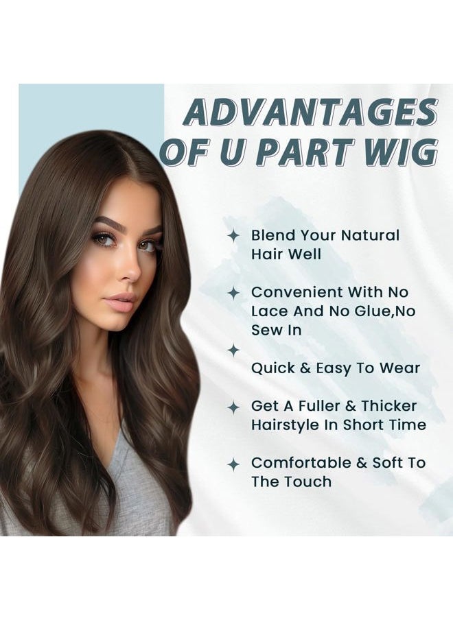 RUNATURE U Part Human Hair Wig 16 Inch 150% Density U Part Wig Glueless Clip in U Wig Natural Hair Dark Brown Hair Wig U Shape Middle Cap Wigs Straight Brazilian Remy Hair Half Wig  - Image 2