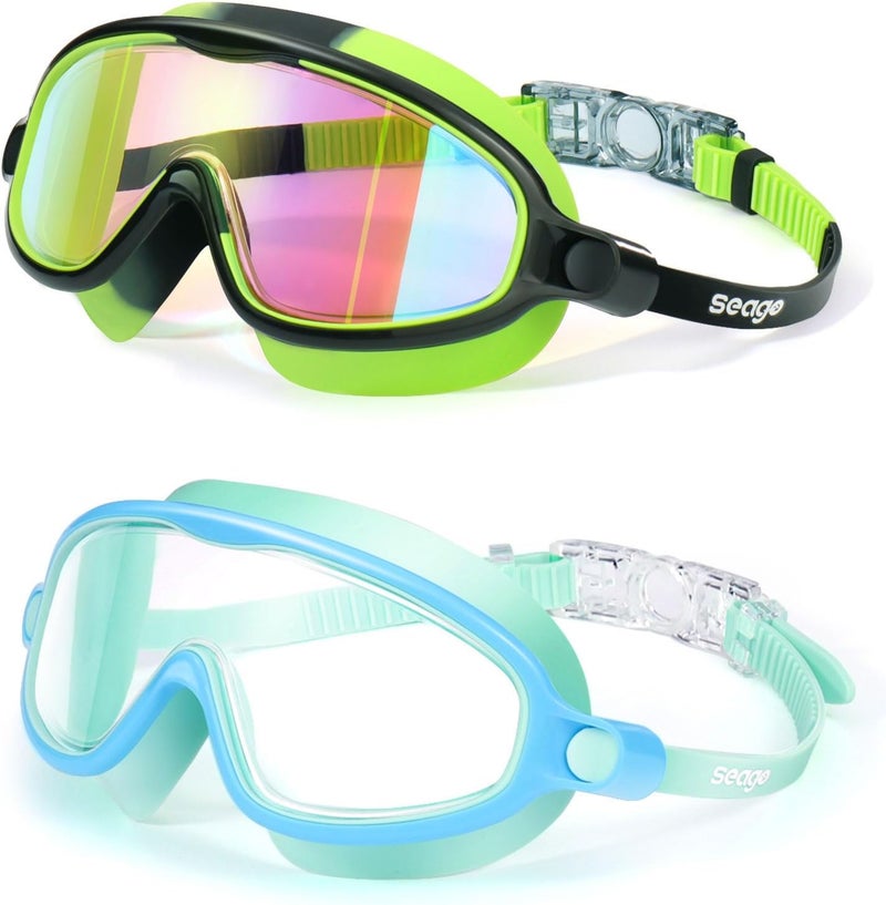Seago Swim Goggles 2 Pack Anti-Fog Anti-UV Wide View Swimming Goggles for Kids 3-14 - Image 1