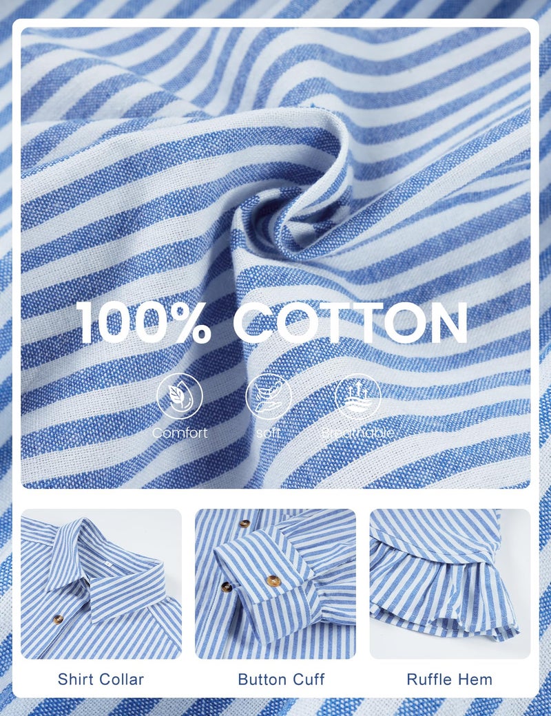 PEHMEA Women's Striped Button Down Shirt, 3/4 Sleeves Loose Fit Collared Blouse with Ruffle Casual Oversized Top(Blue-L) - Image 5