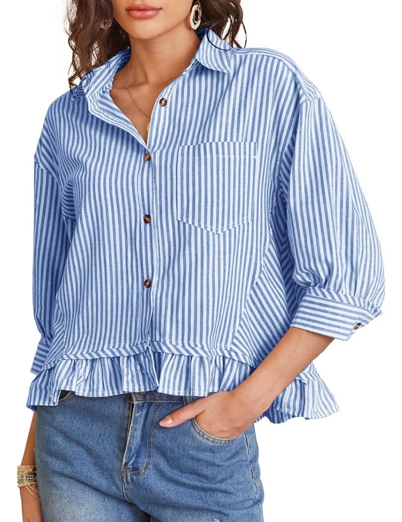 PEHMEA Women's Striped Button Down Shirt, 3/4 Sleeves Loose Fit Collared Blouse with Ruffle Casual Oversized Top(Blue-L) - Image 1