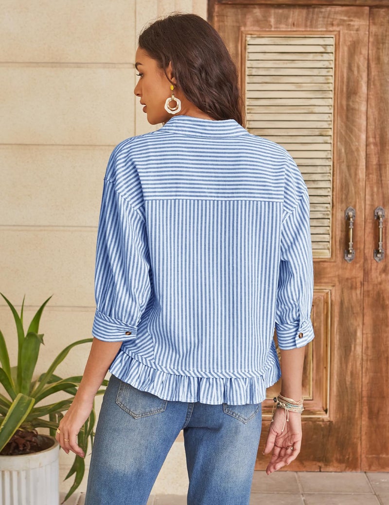 PEHMEA Women's Striped Button Down Shirt, 3/4 Sleeves Loose Fit Collared Blouse with Ruffle Casual Oversized Top(Blue-L) - Image 4
