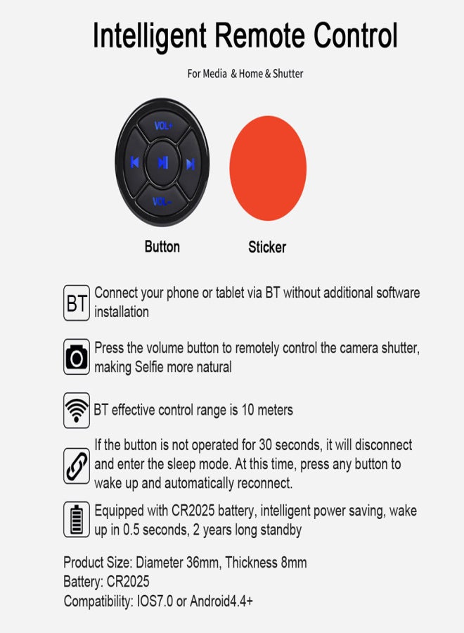 Wireless Media Button BT5.0 Mini Remote Control Car Steering Wheel Remote Controller for Music Play Selfie Compatible with Android iOS Devices - Image 2