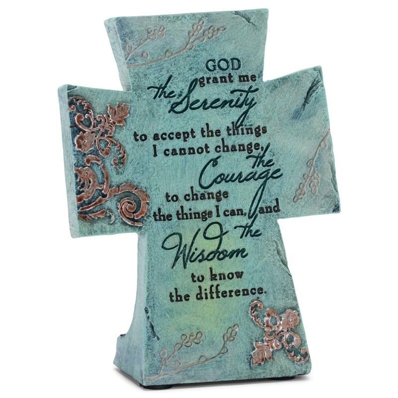 Serenity Prayer Aqua Filigree 4 x 6 Resin Stone Table Top Cross Decoration