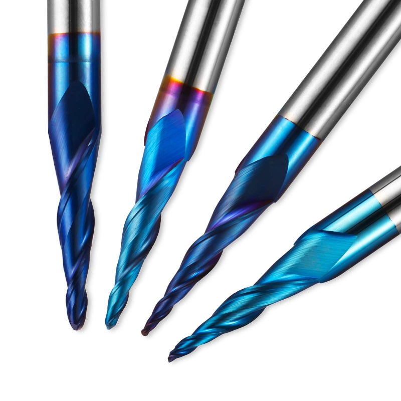 Genmitsu 4pcs 2-Flute Tapered Ball Nose Spiral End Mill, Nano Blue Coating Tungsten Carbide CNC Router Bits, 2D and 3D Engraving Carving Woodworking Bits, R0.25-1.0, 1/4'' Shank, TB04B - Image 5