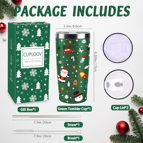 CUPLOOV Christmas Gifts for Women 2025, 20 oz Green Stainless Steel Christmas Coffee Tumblers with Lid and Straw, Insulated Coffee Travel Mug, Best Xmas Themed Gifts for Women Men Girls Teachers Coworkers - Image 3